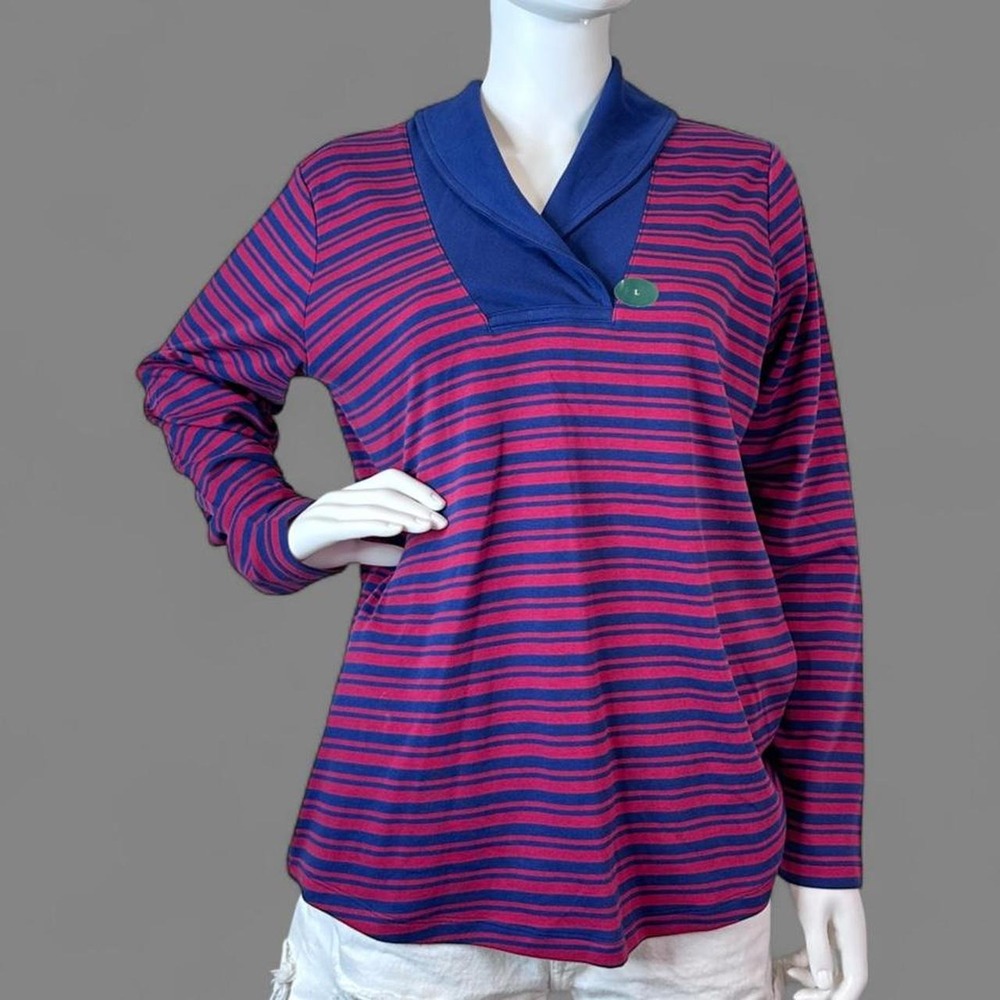 L.L.Bean Women L Red Navy Striped Shawl Collar Cotton Pullover Preppy